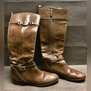 Tory Burch Light Buffalo Brown Leather Logo Riding Boots SZ 10.5